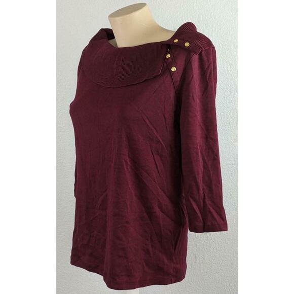 Karen Scott Envelope Sweater PM Red Shawl Collar Career Gold Button Accent Work‎ - Picture 2 of 8